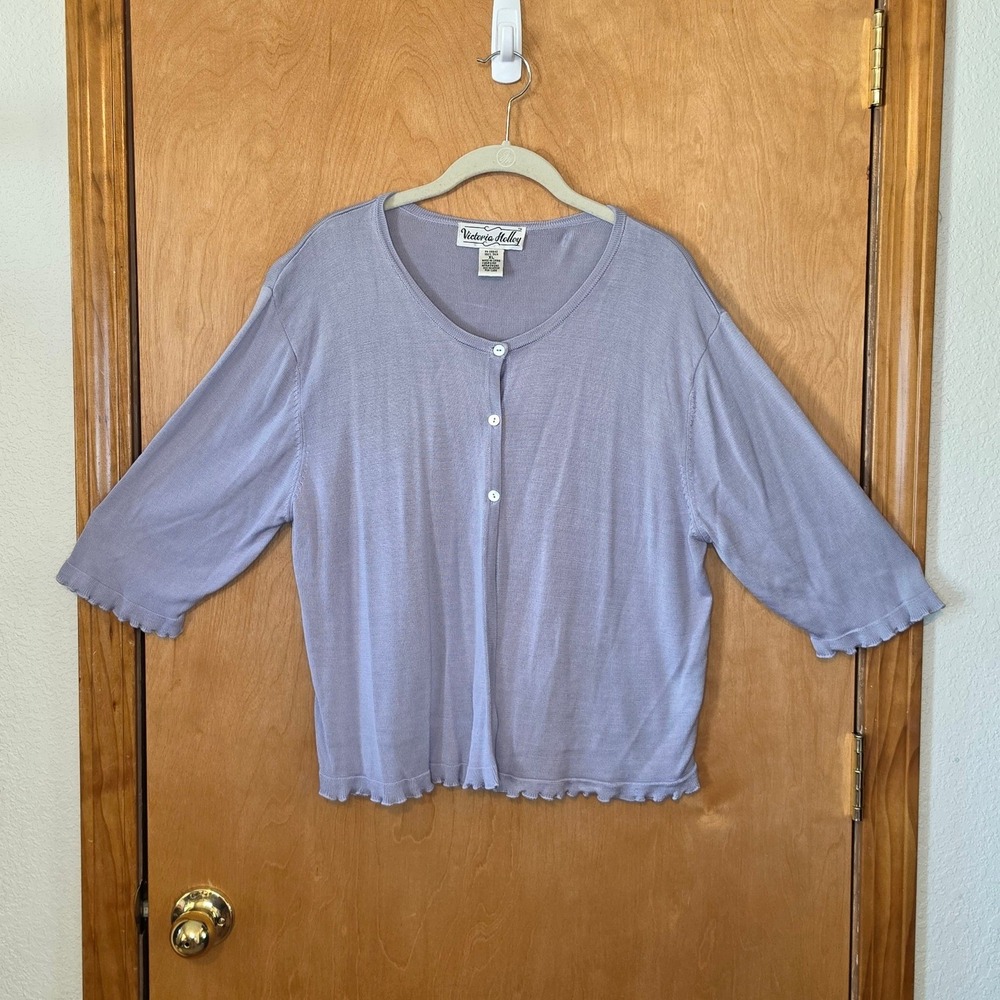 VTG Victoria Holley 100% Silk Cardigan XL Lavender Lettuce Trim Knit Top *Flaw